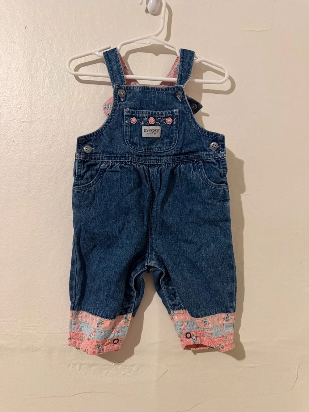Vintage OshKosh B'gosh Dark Blue Denim Overalls with Pink Floral Cuffs